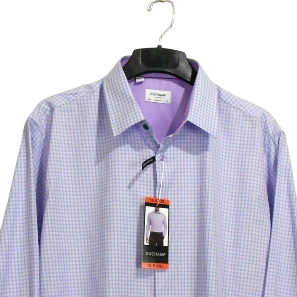 DUCHAMP London Dress Shirt 18.5 XXL Purple Check‎ Slim Fit Long Sleeve Stretch